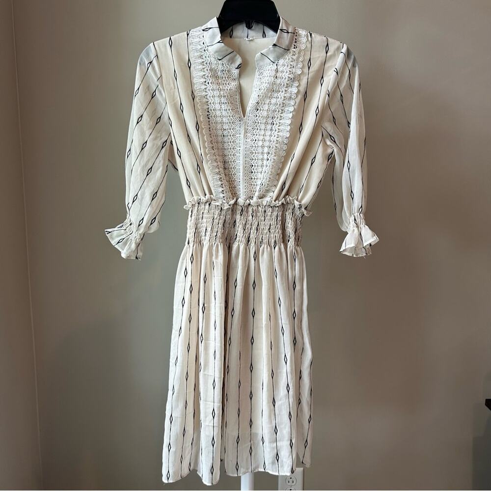 Smocked Waist Lace Trim 3/4 Sleeve Beige Dress Medium